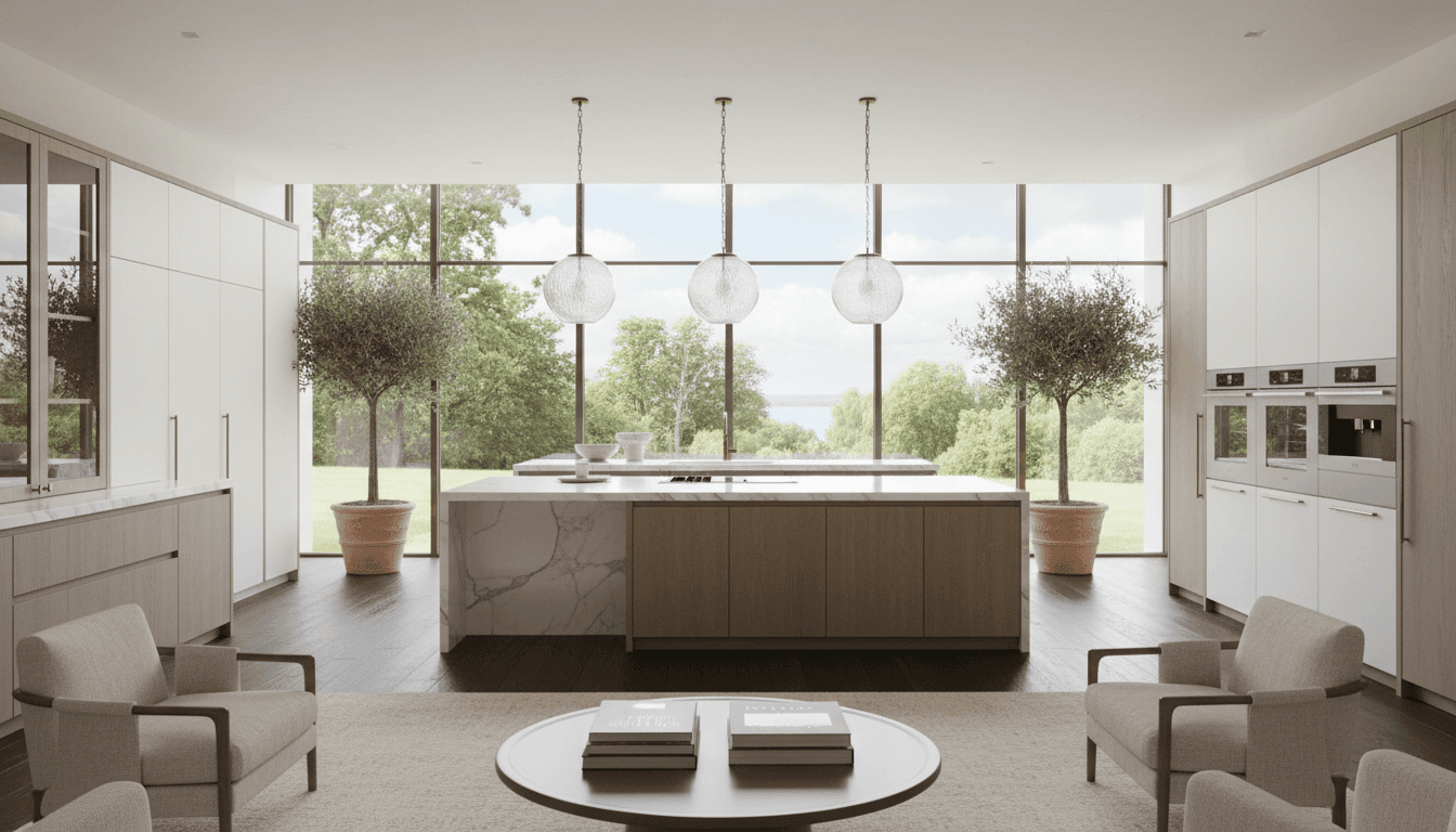 Immaculate luxury kitchen with warm natural light and modern finishes